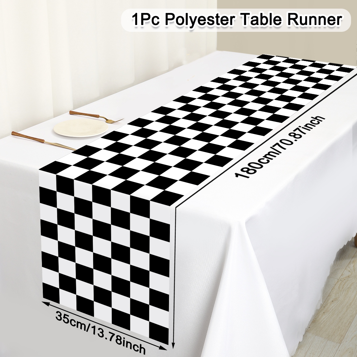 1pc Black White Checkered Table Runner Soccer Party Polyester Table Cover for Kitchen Home Birthday Party Picnic Supplies: WHITE