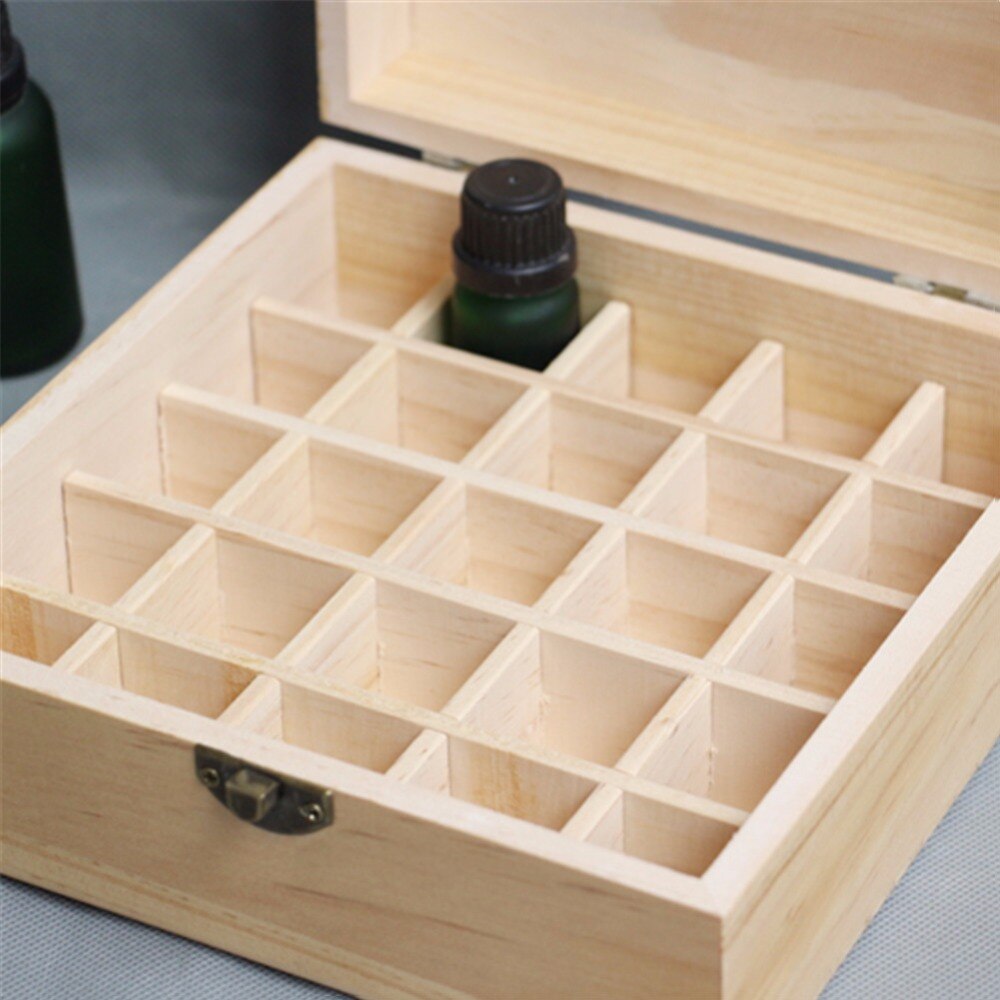 Frascos de aromaterapia de madera maciza con 25 ranuras, soporte para caja de aceites esenciales, organizador de almacenamiento para el hogar, 18,3x18,3x8,3 cm, madera de pino