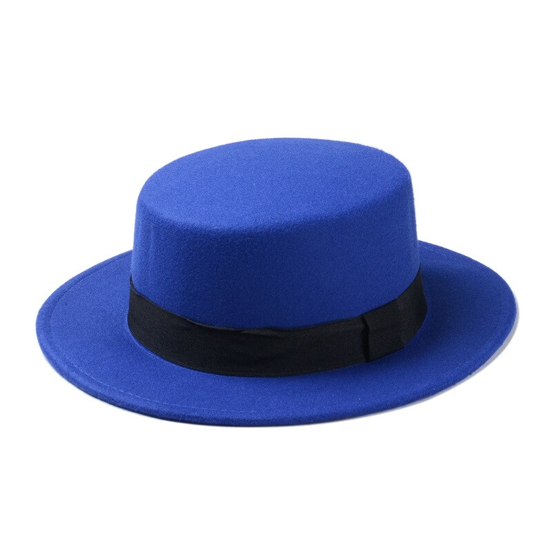 10 Color Men Women Fedora Hat Flat Dome Oval Top Bowler Porkpie Toca Sombrero Hat With Black Ribbon Band 10: Blue