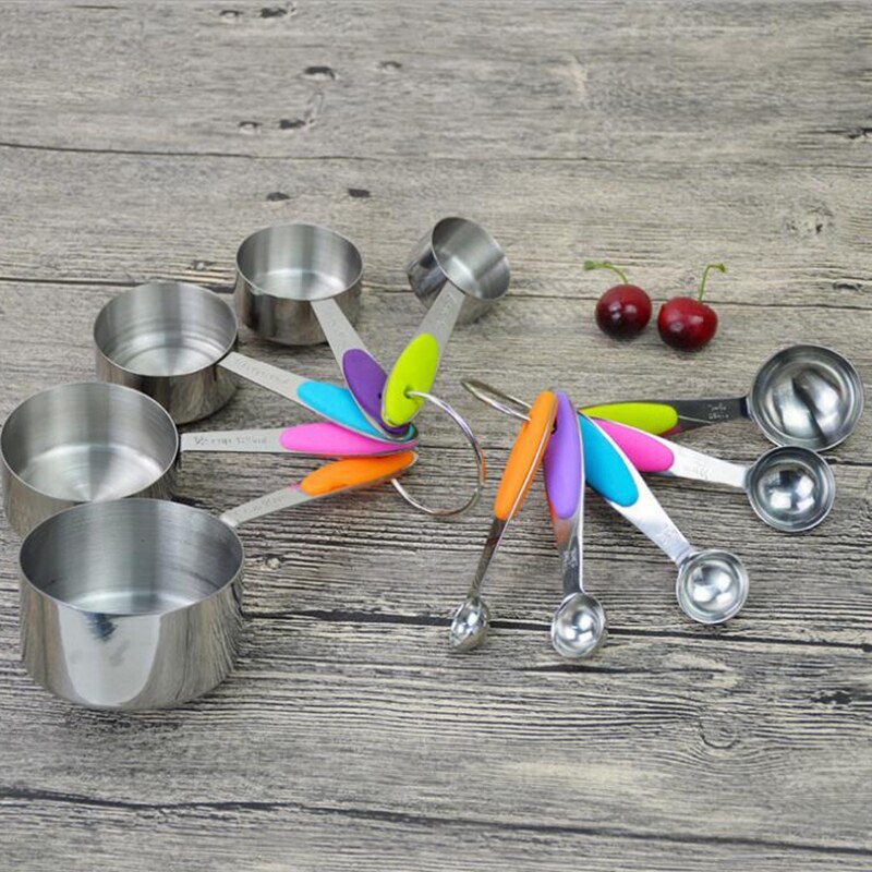 Juego de cuchara medidora de acero inoxidable reutilizable, 1/4, 1/2, 1 Tsp para secado y líquido (5 cucharas + 5 tazas)