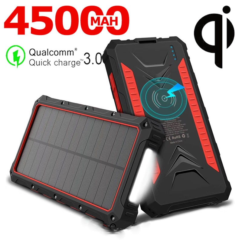 Banco de energía Solar inalámbrico Qi 45000mah cargador externo portátil carga rápida batería externa LED para Iphone Samsung