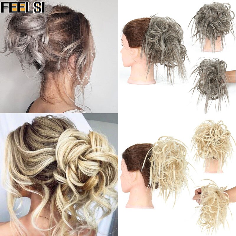 FEELSI 7 Zoll Chaotisch lockige Chignon haar brötchen Elastischen Band Haar brötchen Lockige Scrunchie haar Hochsteckfrisur Abdeckung Synthetische Haarteil für frauen