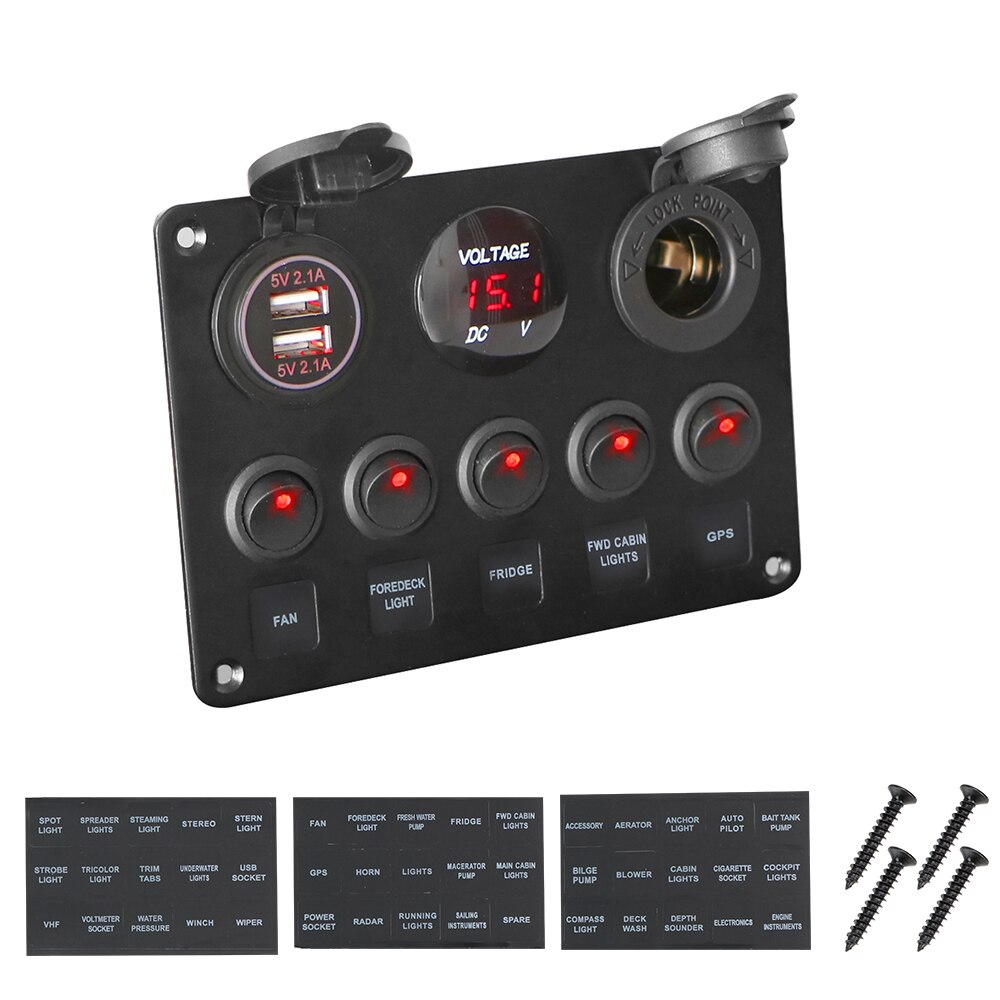 12V Waterproof Digital Voltmeter Dual USB Port Outlet Combination Car Marine Boat LED Rocker Switch Panel: Red