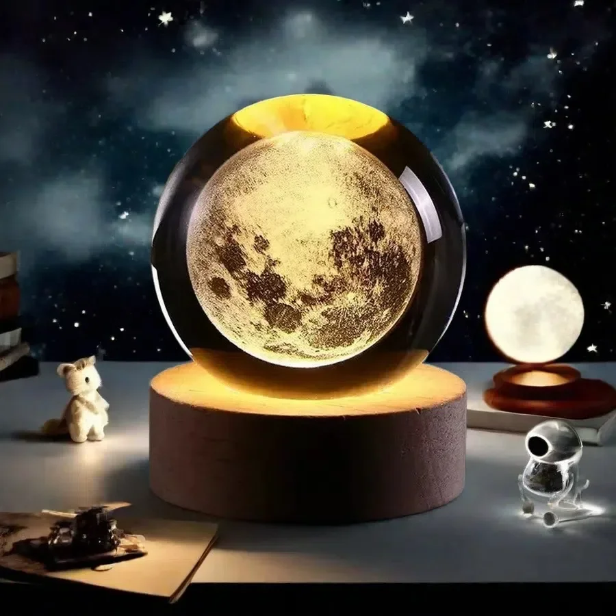 Lampe boule de cristal galaxie alimentée par USB, lumière de lune éclairée en 3D pour la maison, chambre à coucher, bureau, décoration de table, veilleuse