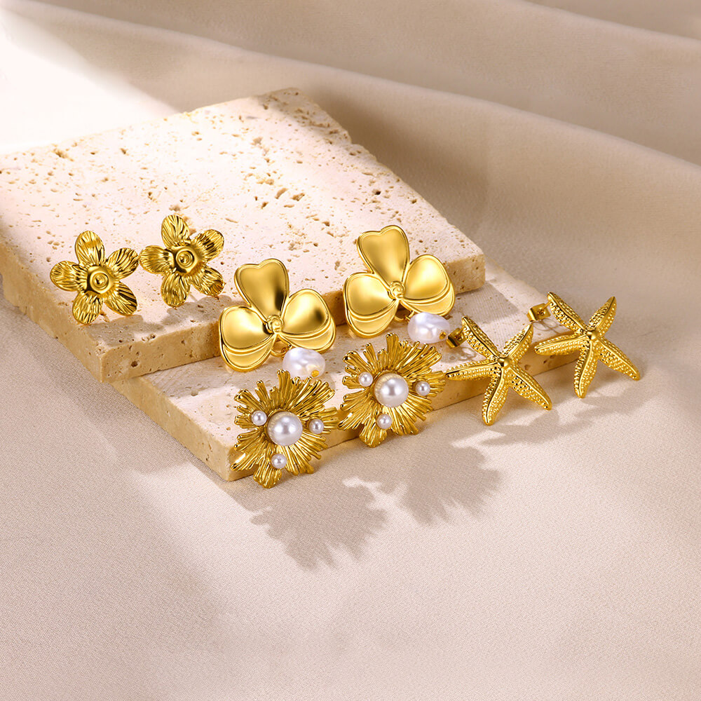 Pendientes delicados de flores para mujer, concha de Color dorado, acero inoxidable, resistente al agua, joyería Bohemia para el sol, Aretes de perlas de Navidad bonitos