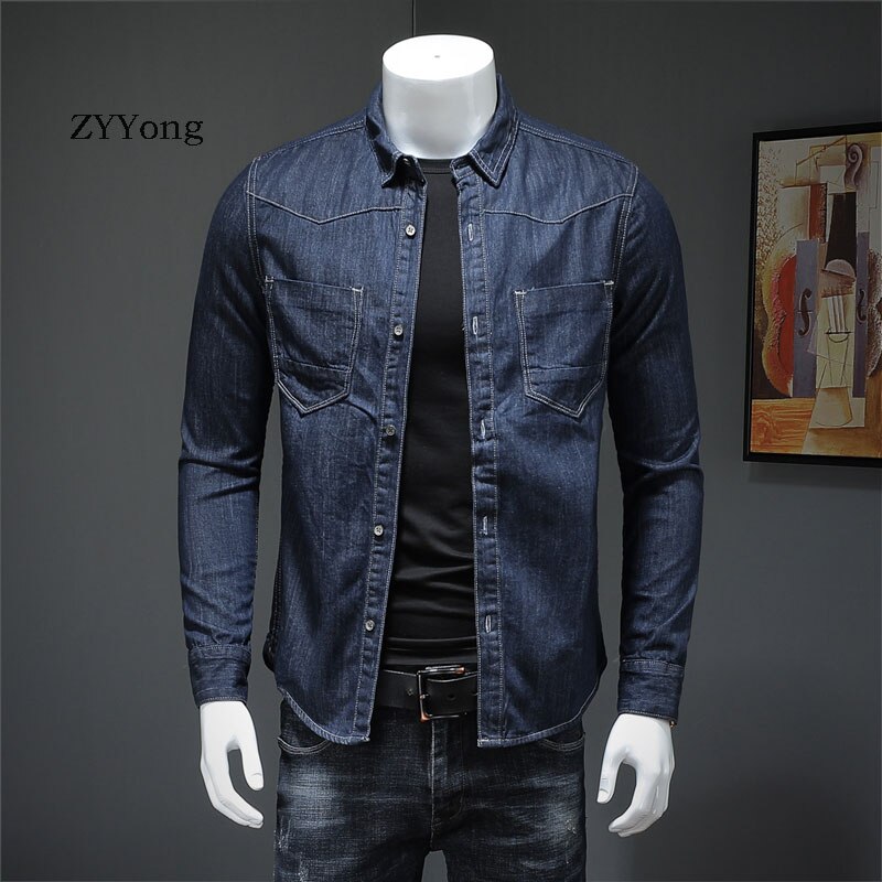 Japansk stil bomuld bombefly pilot langærmet blå tynd denim skjorte herre jean frakke streetwear afslappet cowboy tøj