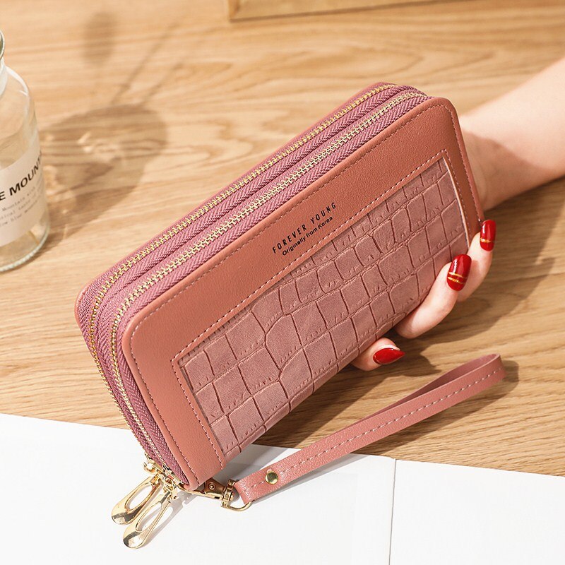 Ladies Wallet Long Zipper Korean Student Stone Pattern Purse Large Capacity Clutch Soft wallet Mobile Phone Bag Red Card: Double zip dark pink