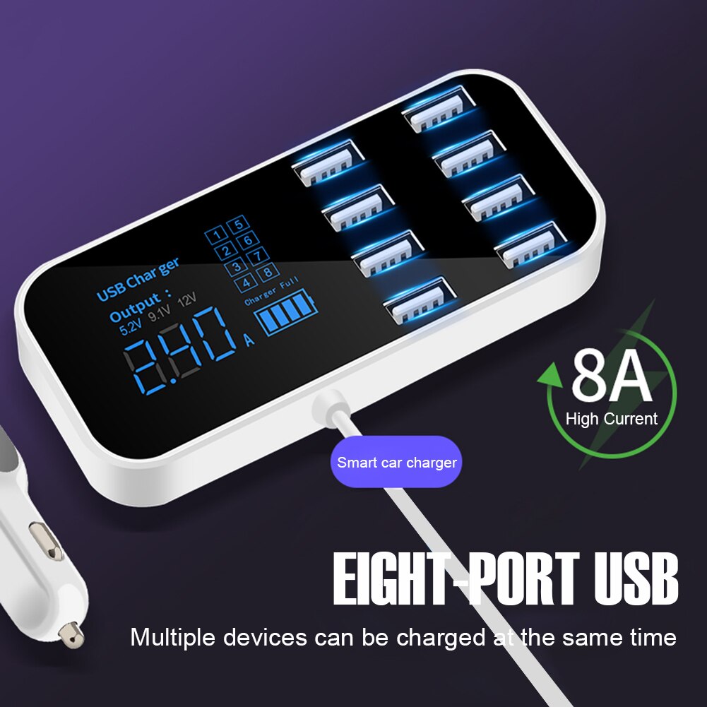 Durable Multi-Port USB Charger for Car 8-Port Car Lighter Charging Station Hub with LCD Display Quick
