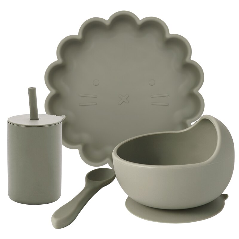 Juego de comida de entrenamiento para niños, cuenco de alimentación para bebé, plato de succión vajilla de silicona de grado alimenticio, taza de paja, artículos para bebé, 4 Uds.: 009B-sage
