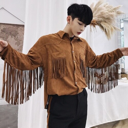 Chemise à franges pour hommes, style Hip Hop, gothique, Streetwear, Punk, personnalité, scène, boîte de nuit, chanteur, noir, kaki: 1 / XL