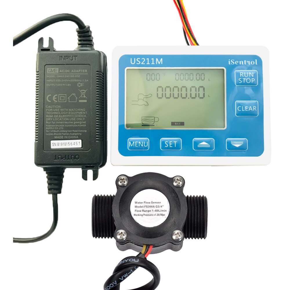US211M Digital Flow Meter Display Totalizer Flow Measurement with Nylon Water Flow Sensor FS300A G3/4" Turbine Flowmeter iSentro