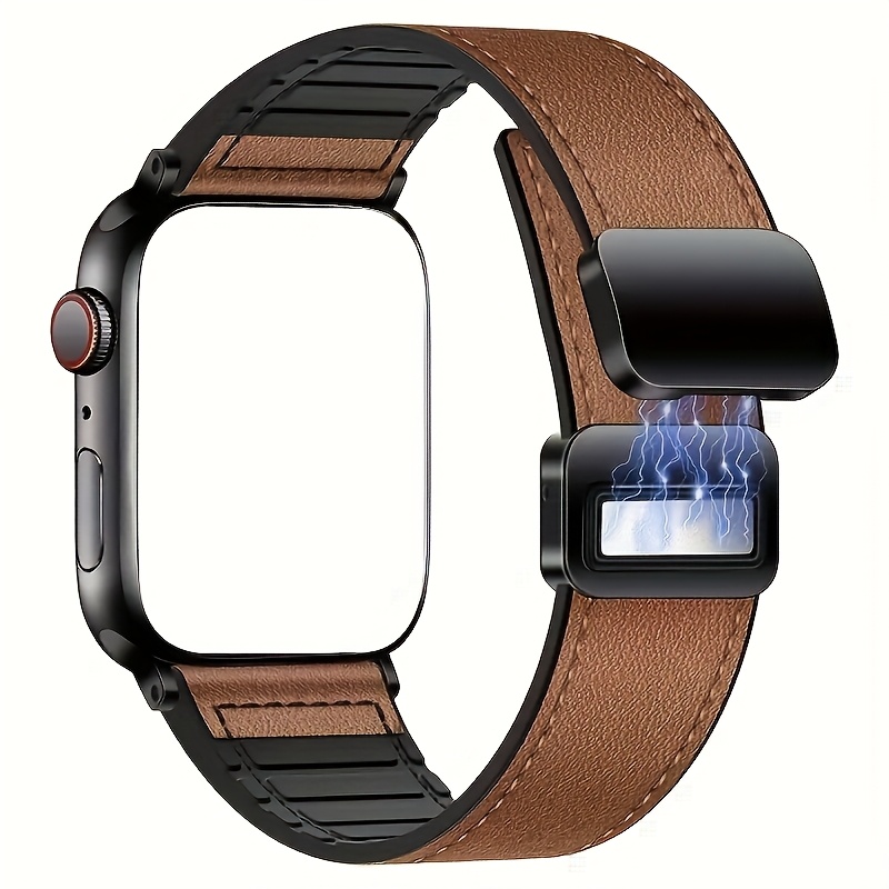Leer + siliconen band voor Apple Watch Band Ultra 49 mm 44 mm 45 mm 41 mm 46 mm 40 mm 42 mm Magnetische armband iwatch Series 10 9 8 7: Steenkool zwart / 14mm