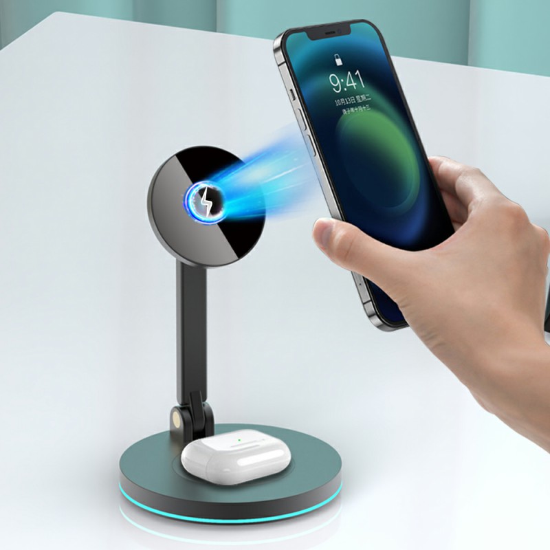 15W Draadloze Oplader Standaard - Opvouwbare 2-in-1 Magnetische Snellader Dock voor iPhone & Oortjes