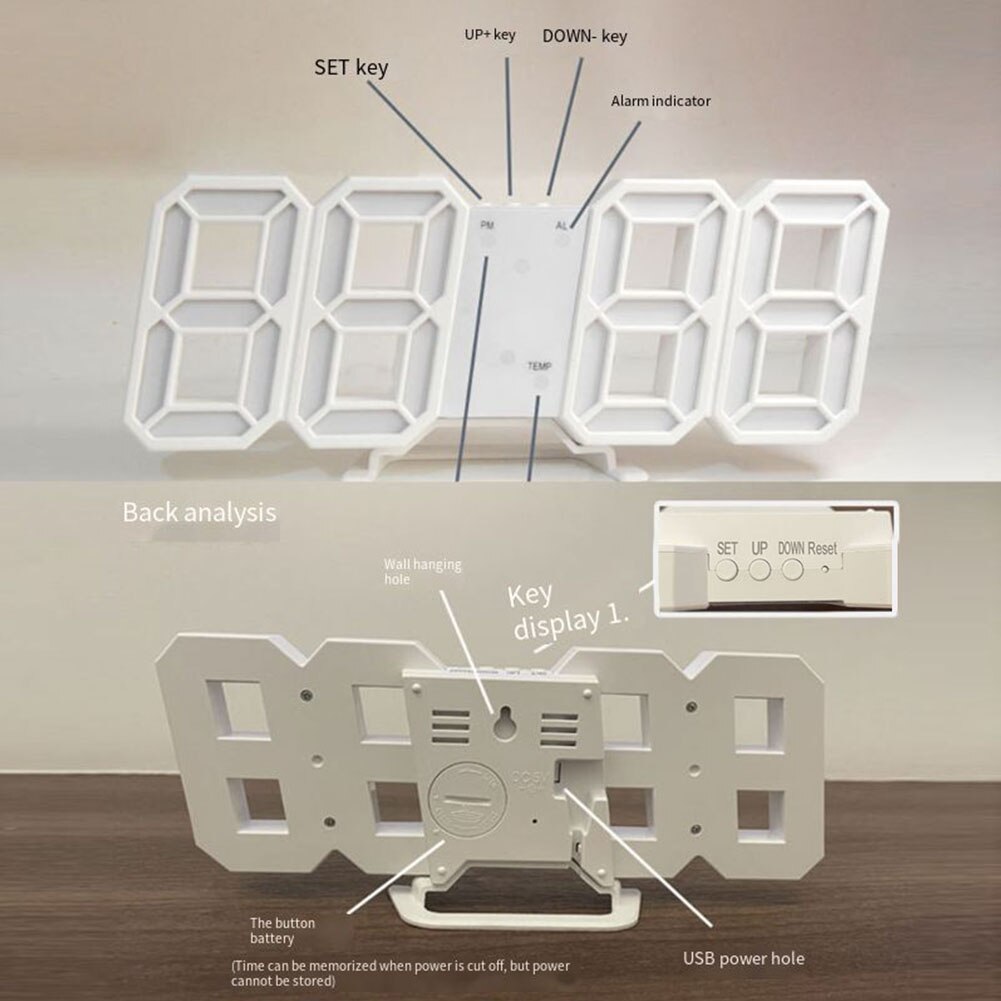 Desktop Clocks 3D Large LED Digital Wall Clock Hanging Watch Date Thermometer Electronic Clock Night Light Table Alarm Clock