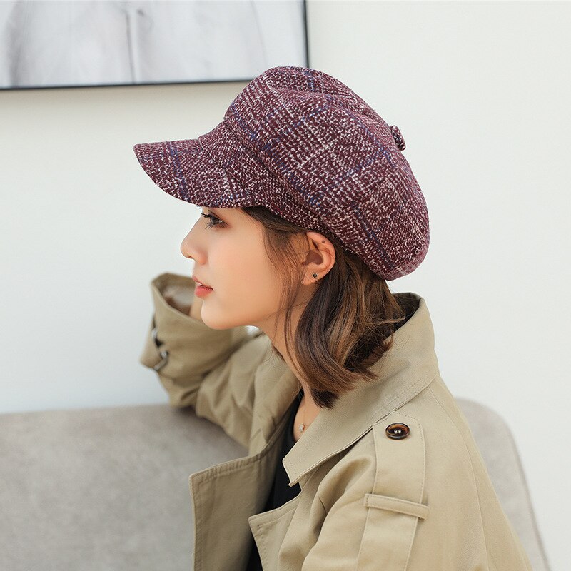 CANZE Autumn Winter Women Octagonal Hat British Beret Korean Japanese Peaked Cap Beret Hat: Wine red