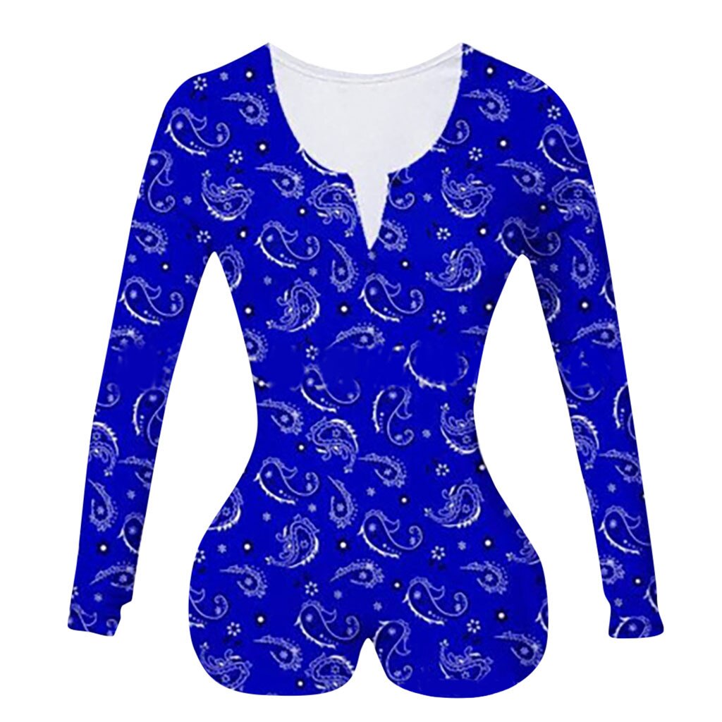 Sexy Women V-neck Bodycon Sleepwear Jumpsuit Button Bodysuit Shorts Romper Bodysuit Leotard Long Sleeve Print Bodysuit Z0626: Blue / XL