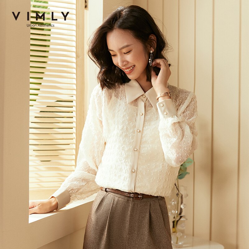 Vimly Herbst Frauen Hemden Büro Dame Drehen Unten Kragen Einreiher Chiffon Bluse Jahrgang Blusas Feminina F2108: Aprikose / M