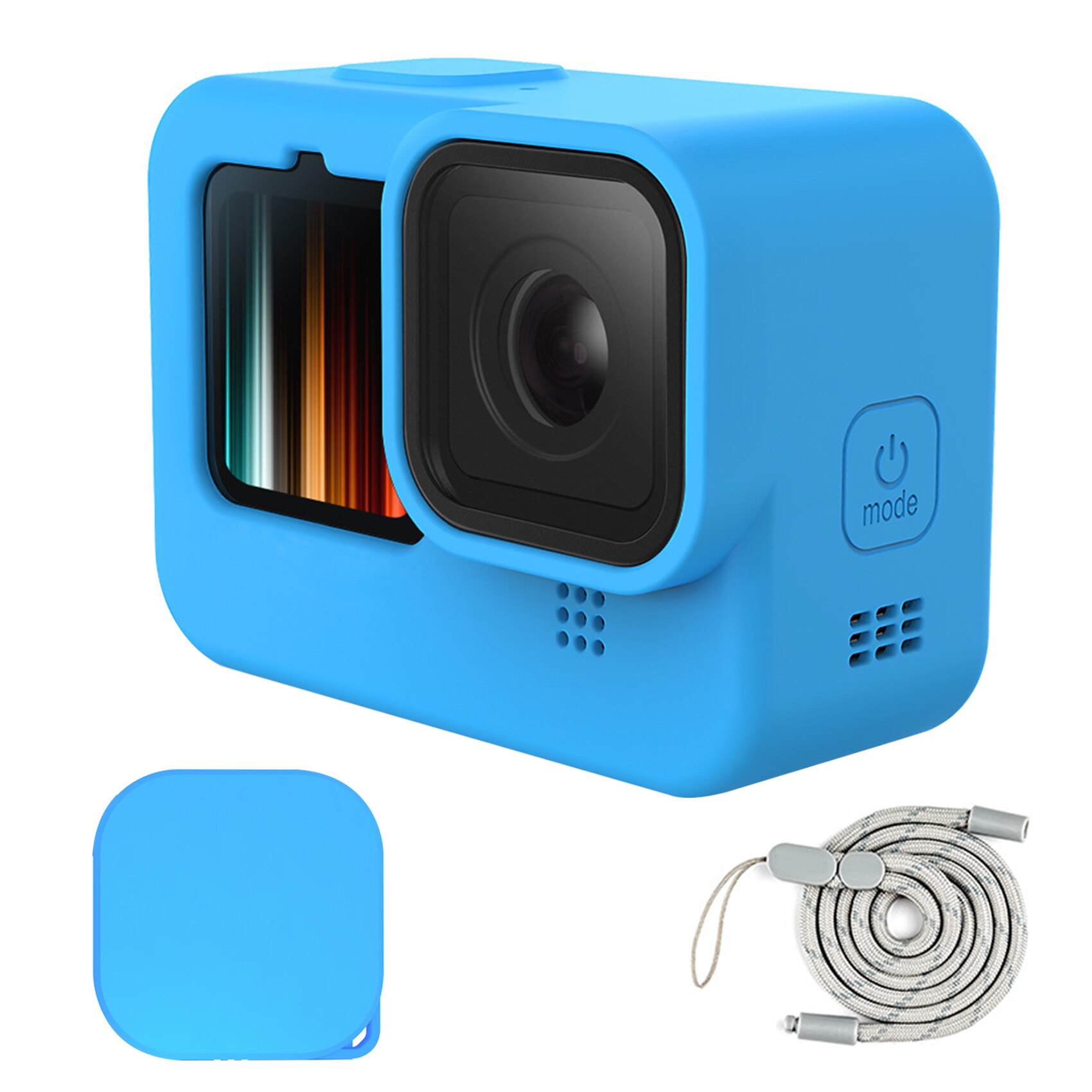 3 i 1 for gopro hero 9 svart deksel silikon kamerahusdeksel + beskyttende silikonlinsedeksel + håndleddsstropp for gopro 9 action kamera: Blå