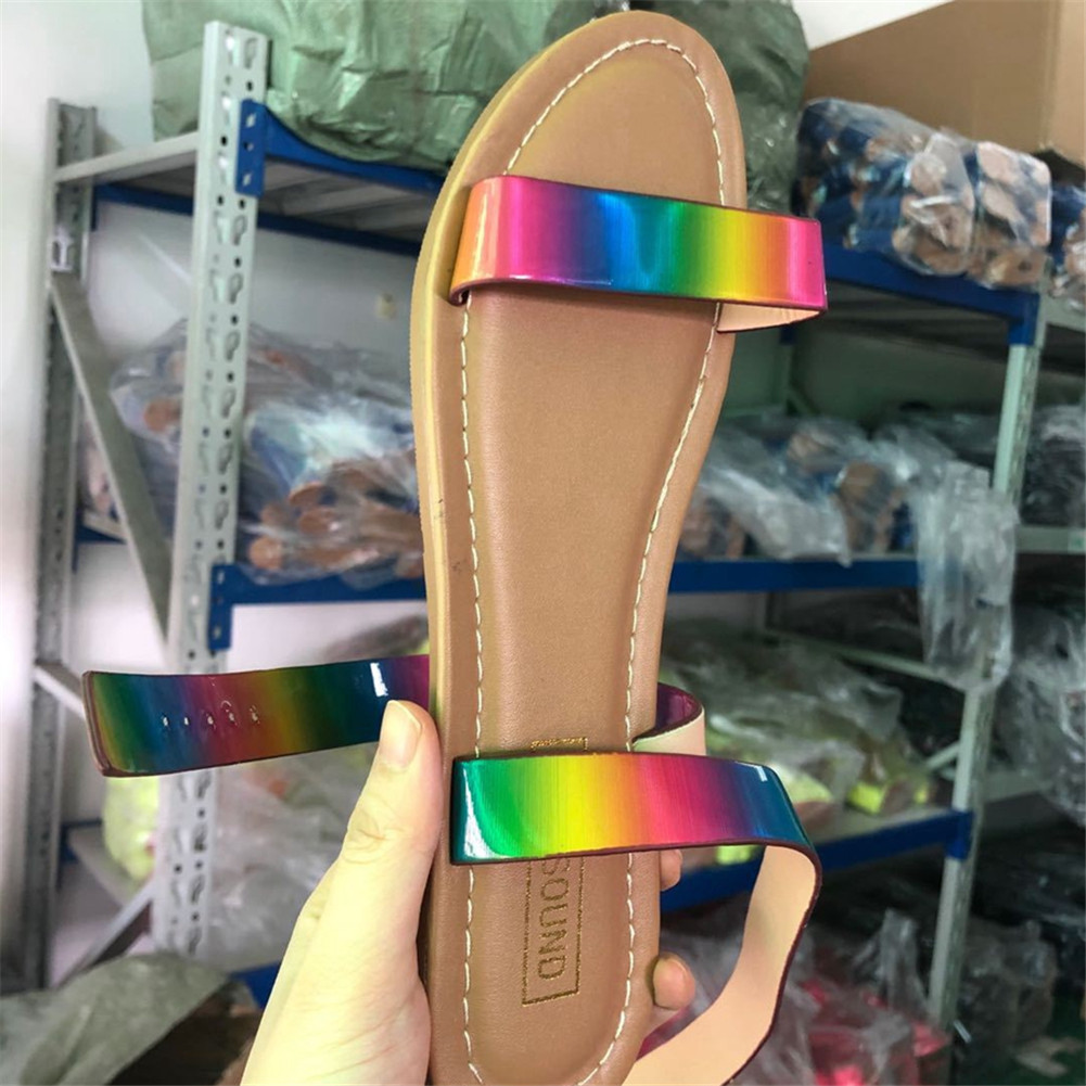 Sorphio Casual Lage Hak Strand Schoenen Vrouw Claissc Platte Hak Sandalen Vrouwen Ins Rainbow Metallic Sandalen