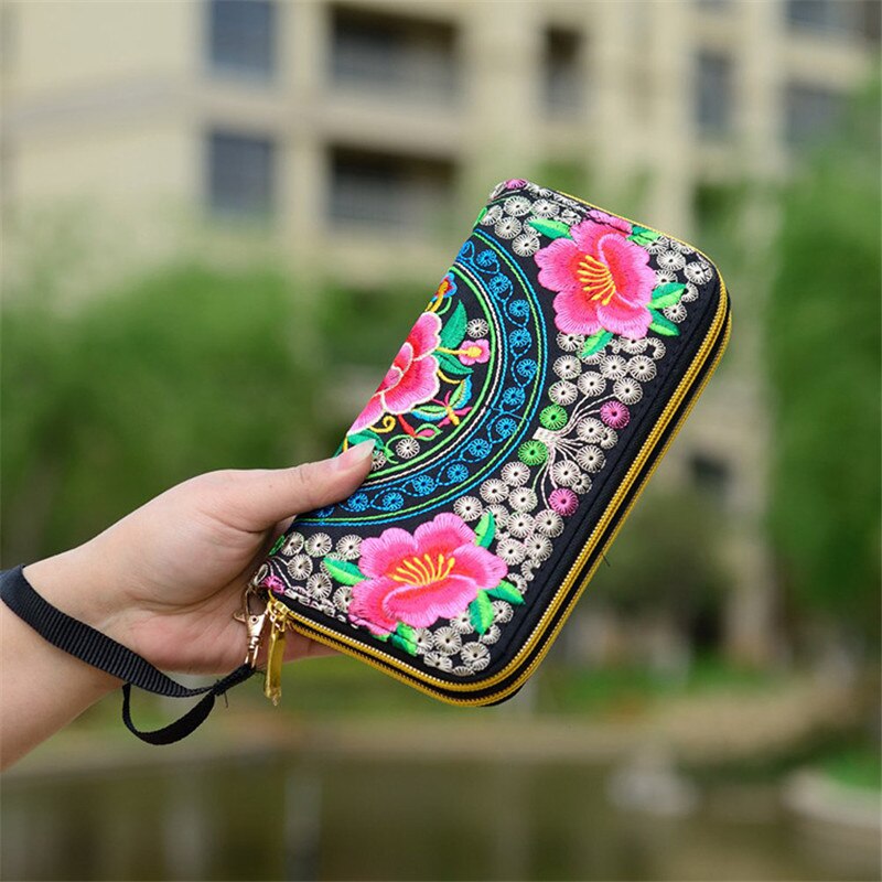 Flower Embroidered Wallet Purse Handmade Ethnic Flowers Embroidery Women Long Wallet Phone HandBag,Women Clutch