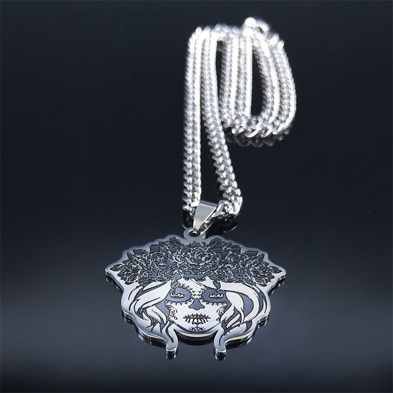 Gothic-halskette aus edelstahl mit mexikanischem totenkopfmotiv für damen, silberfarbene kette, schmuck colgante  n3636 s 06