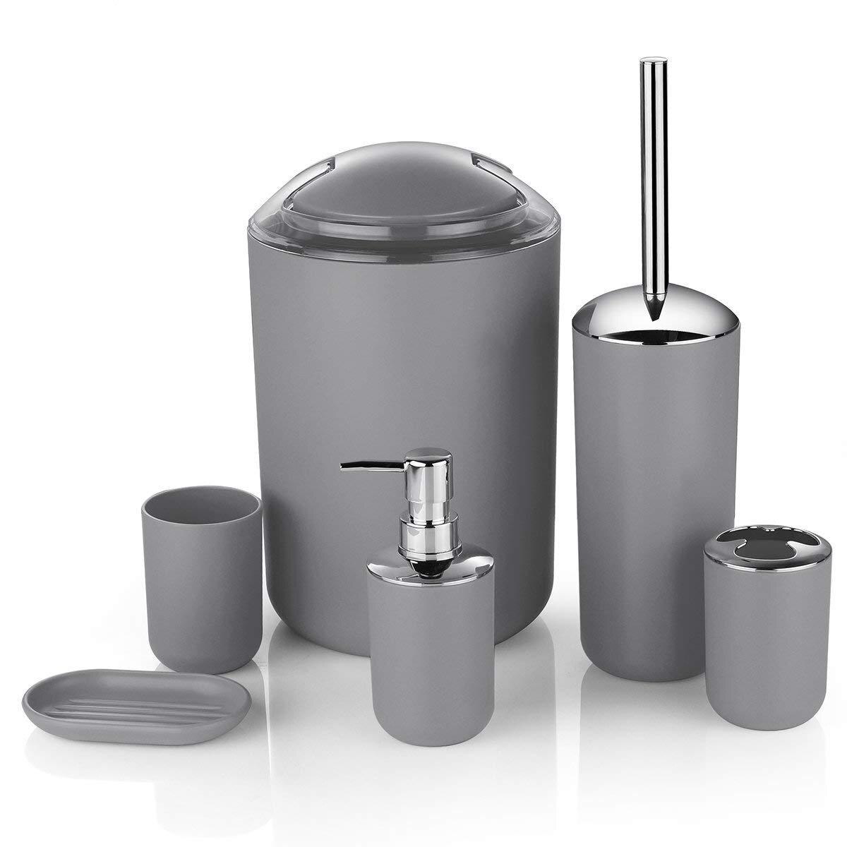Ensemble d&#39;accessoires de salle de bain en plastique, brosse de toilette, porte-savon, distributeur de dentifrice, couvercle pivotant, poubelle lavable, 6 pièces: grey