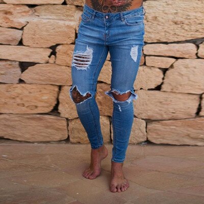 Wihte hommes genou déchiré trous maigre détruit jean coupe mince Hip hop hommes Streetwear coton jean: B1871 Light blue / S-28
