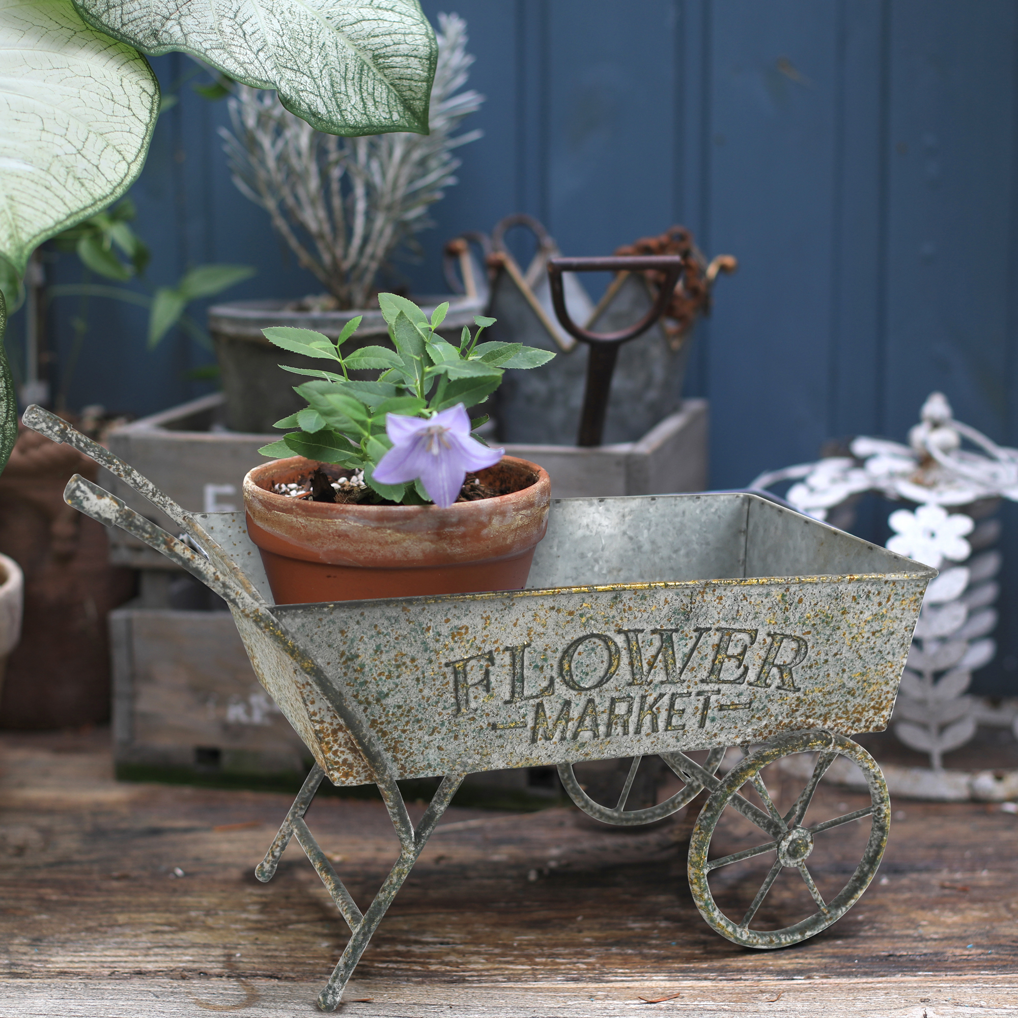 Carro de flores pequeño Vintage, macetero de carretilla, macetero de vagón de Metal para plantas de interior y exterior, carrito decorativo de jardín Pla: Gris claro