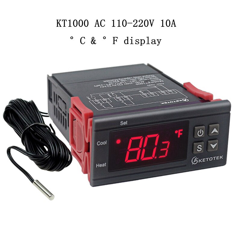KT1000 Digital Temperature Controller Two Relay Output Thermostat Incubator 110V 220V 10A Heat Cool Celsius Fahrenheit Display: KT1000 110-220V