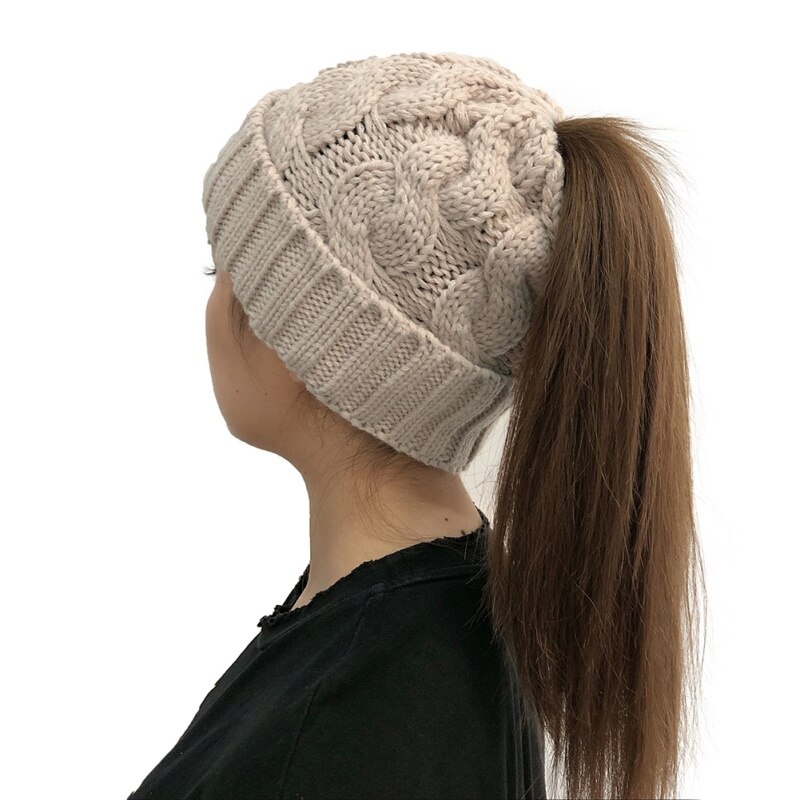 Hat autumn and winter woman knit warm innocent bonnet ponytail warm hat roll adjustable wool thick solid color