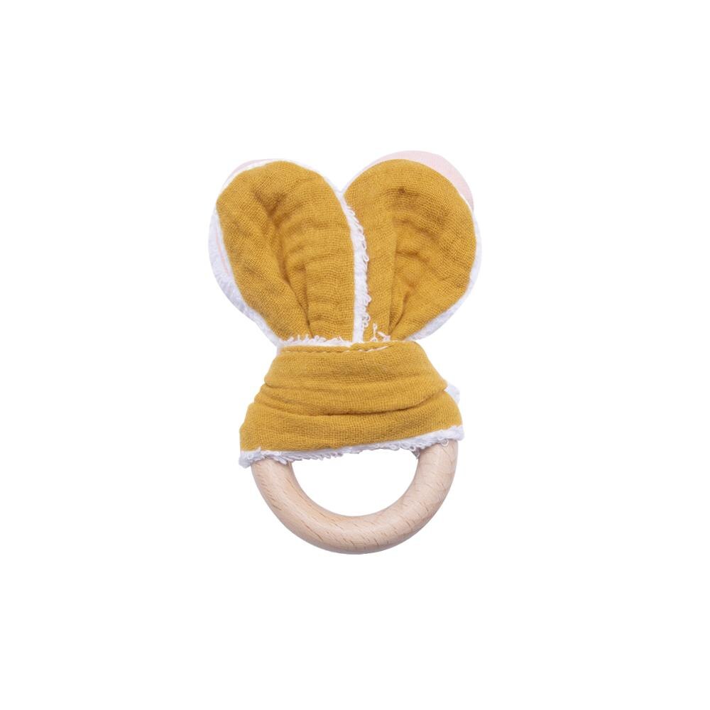 2 teile/satz Baumwolle Hase Ohr Rasseln Spielzeug Baby Buche Holz Zahnen Diy Armbinde Kinderwagen Kette Hase Ohr Baby Rassel Spielzeug: Gelb