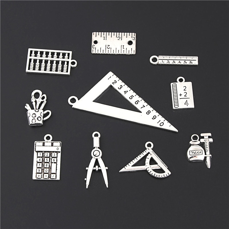 20Pcs Mix Zilver Kleur Driehoek Liniaal En Kompas Charms Calculator Boek Hanger Maken Student Sieraden Accessoires M163