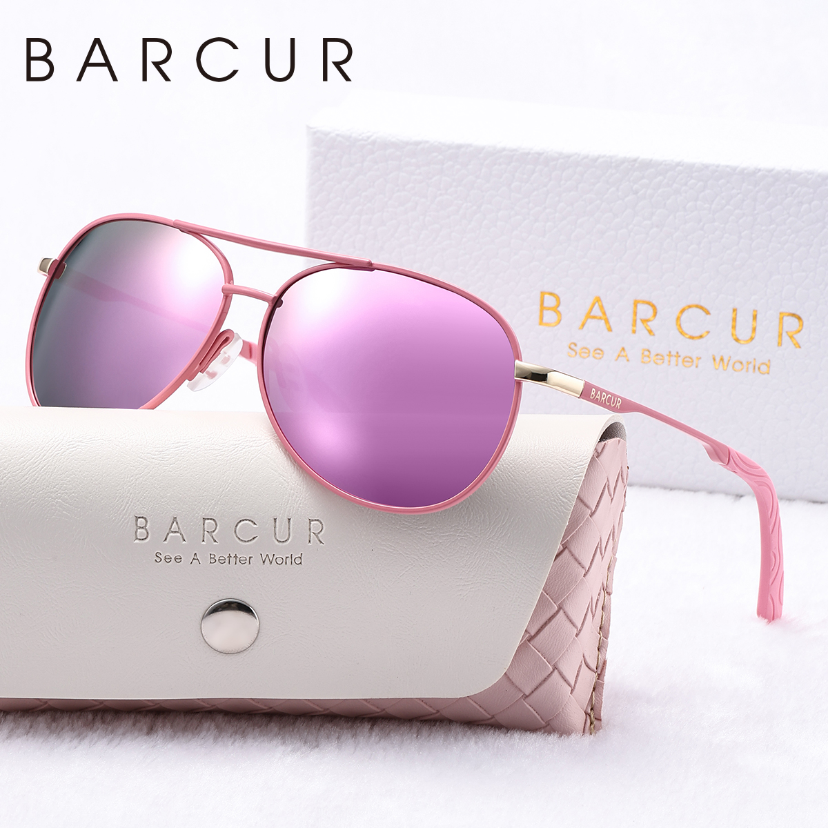 Barcur metalen gepolariseerde roze zonnebril voor dames, lichtgewicht, blauwe gradient glazen, accessoire voor dames: Roze