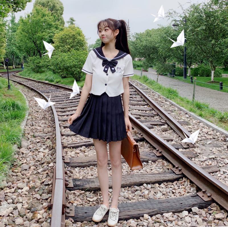 Japanese JK Uniforms College Cute Panda Embroidery Short-Sleeved Tops Pleated Skirt Suit Female Summer school girl uniform