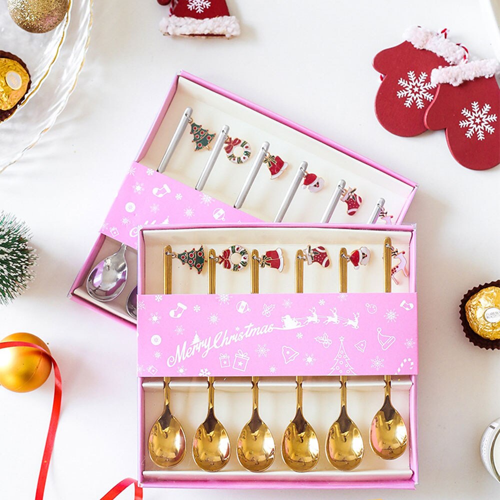 6Pcs Mengen Scoops Koffie Lepel Roestvrij Staal Mengen Roerder Suiker Dessert Ijs Kerst Servies Eetlepels