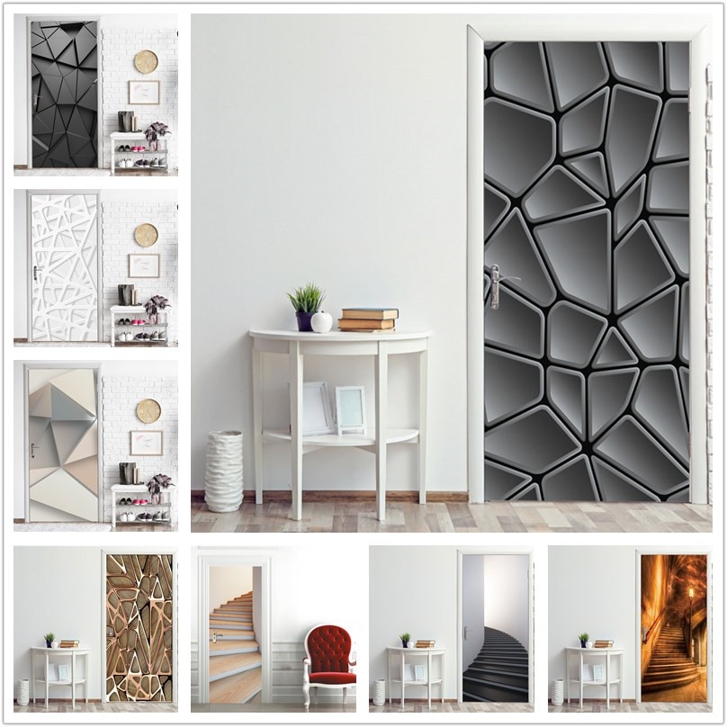 Gör-det-själv-väggmålning vattentät tapet självhäftande geometri trappor dörrklistermärke print bild renovering sovrum heminredning