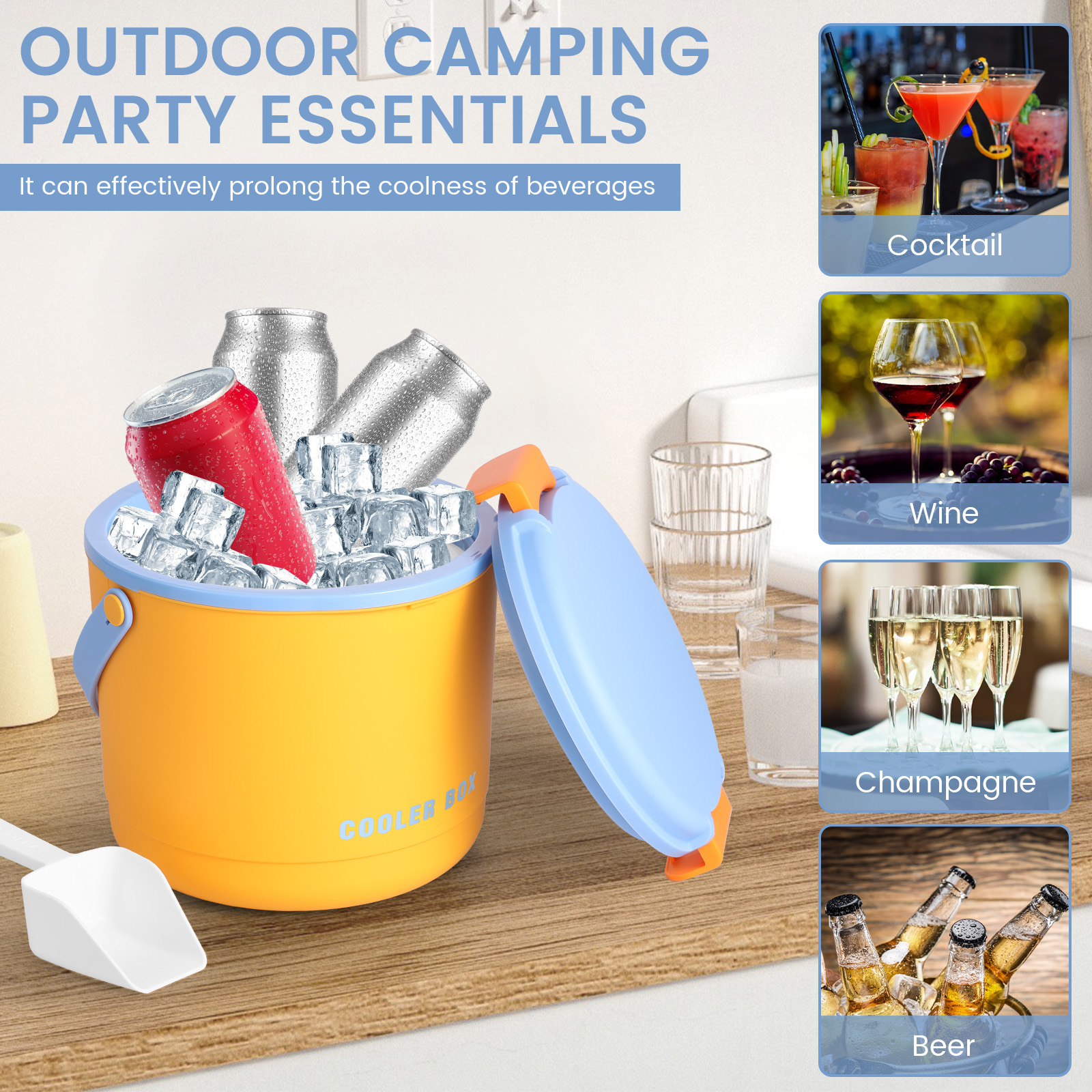 2.6L Portable Insulated Ice Bucket with Lid and Scoop Ice Container for Outdoor Picnic Camping Party PP Bucket for Freezer