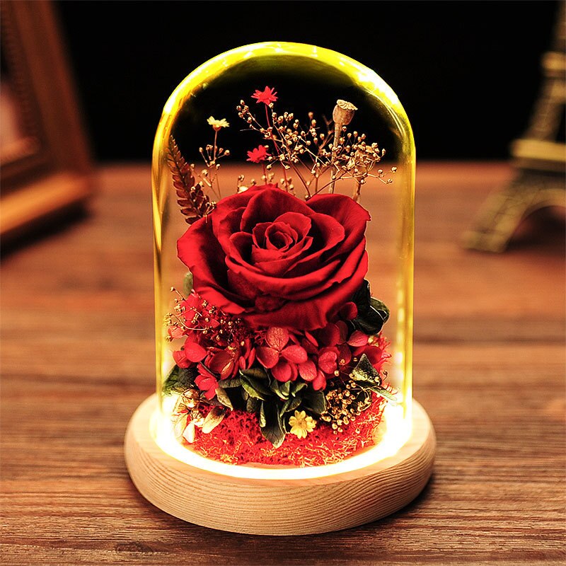 Moeder Dag Aanwezig Kunstmatige Eeuwige Bloem Thuis Bruiloft Decor Met Led Valentijnsdag Kerstmis Nieuwjaar Eeuwige Rose In Glas: HGA002113-Red
