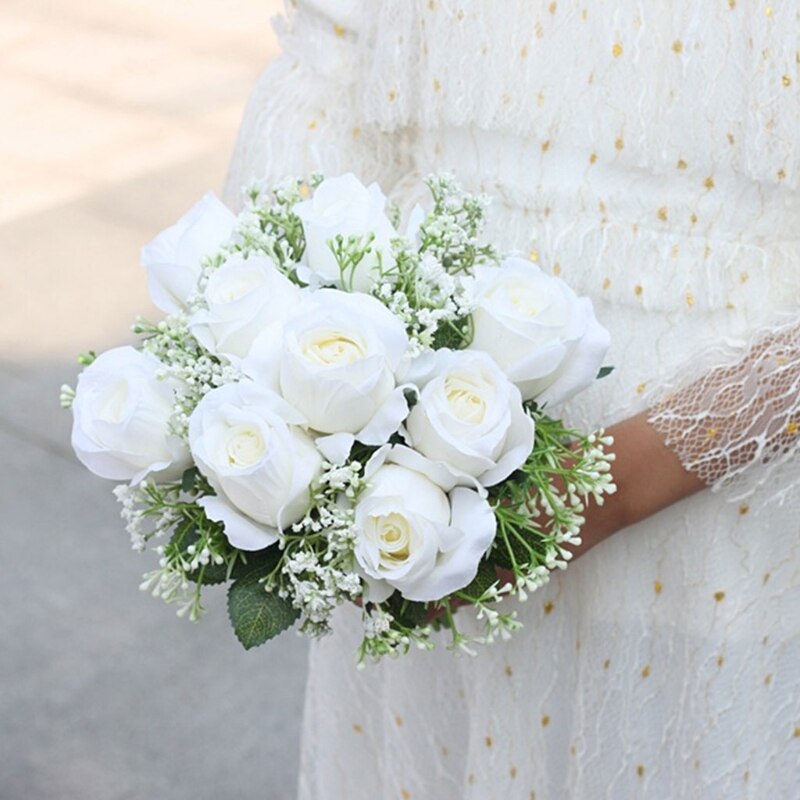 Rosas de flores artificiales con hojas de bebé ramo de novia de boda realista