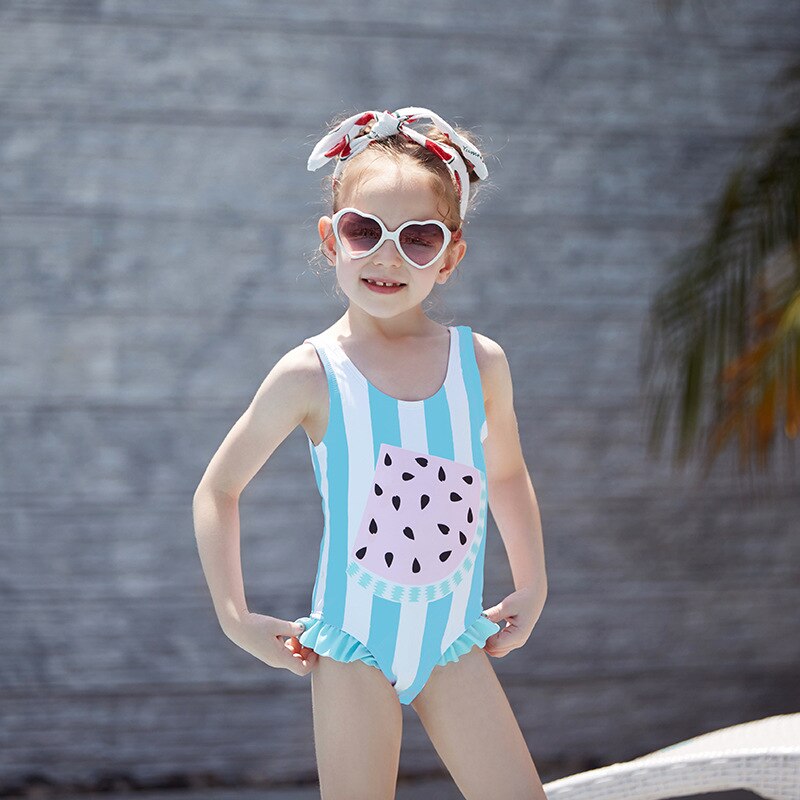 3-8years Girls Swimsuits One Piece Swimsuit Striped Watermelon Kids Bathing Suits Beachwear Children Girls Swimsuits: Blue / 100 (2-3years)