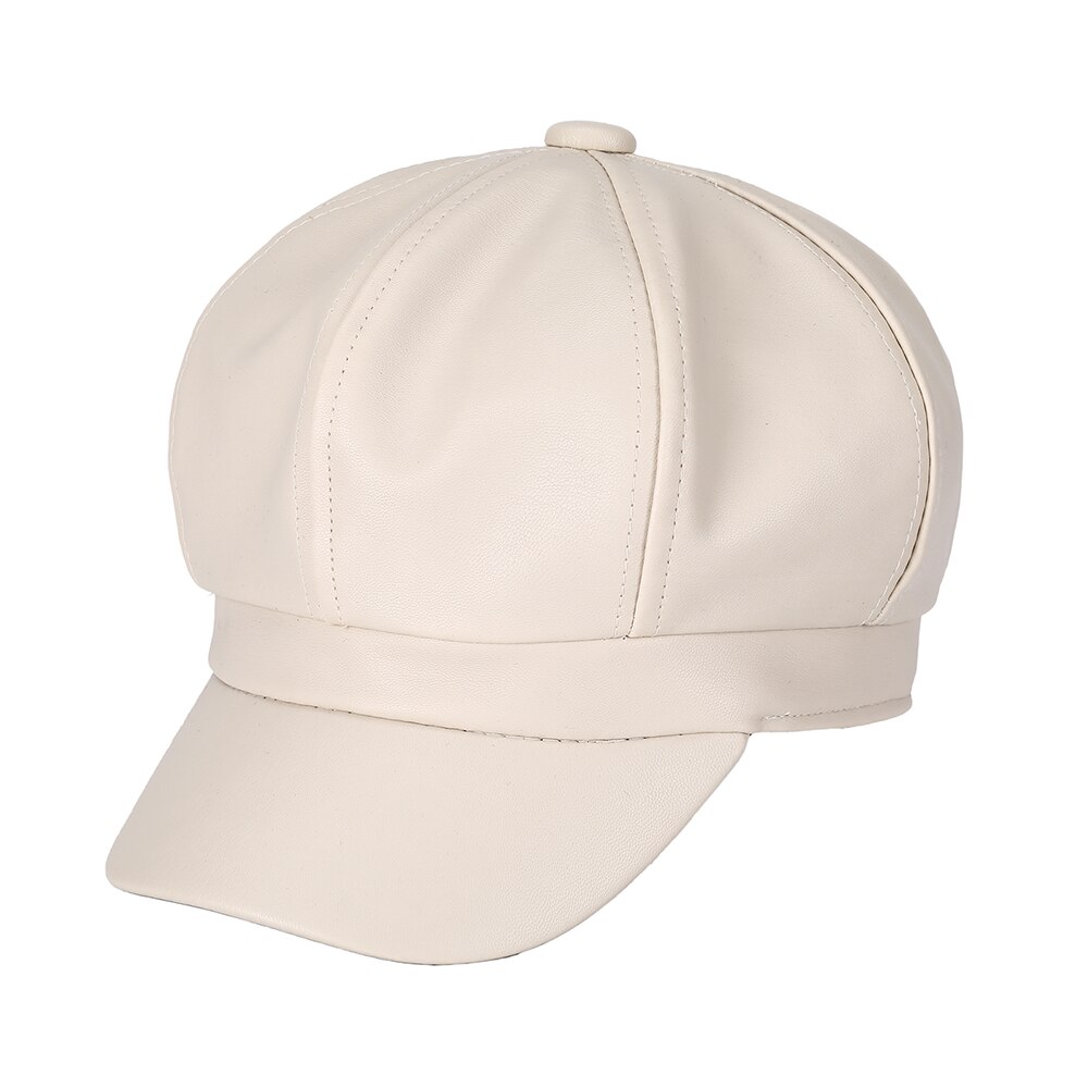 Welrog kvinder pu peaked beret cap piger retro ensfarvet ottekantet cap vinter efterår malere hatte klassiske imiteret læder baret hatte: Hvid
