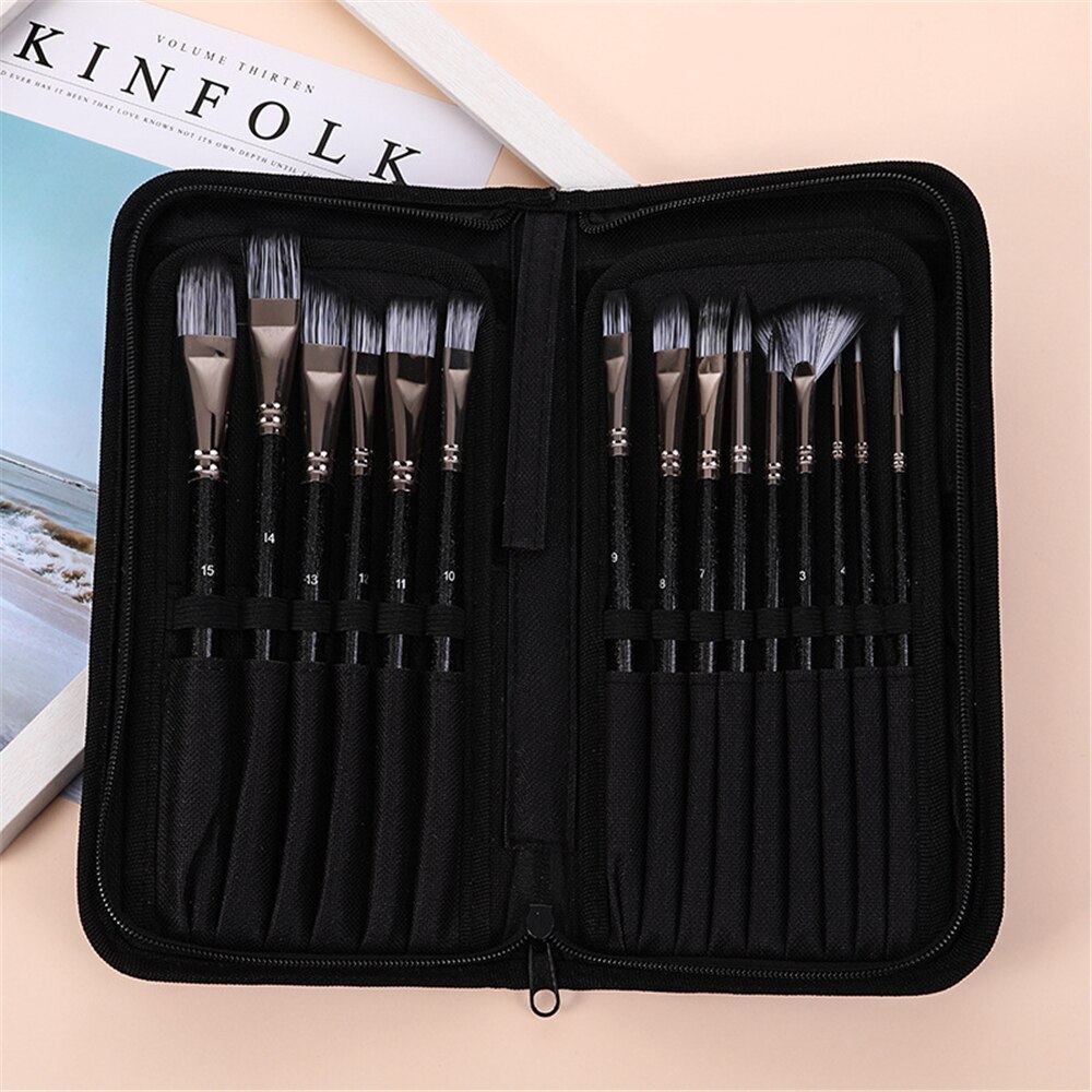 Ezone 15 pçs pincéis de pintura de arte conjunto ferramentas caneta pintura profissional pintura a óleo acrílico aquarela artista pincel