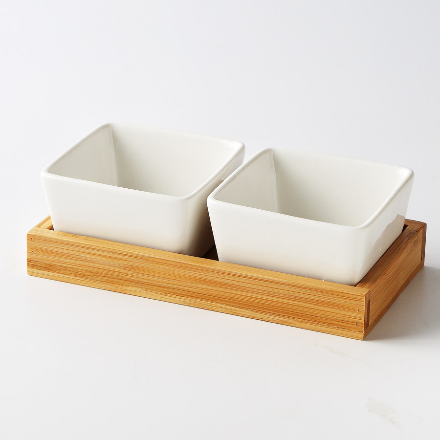 MUZITY-plato de cerámica para postres, Plato cuadrado para fruta con bandeja de bambú y madera, plato de porcelana para pastel o caramelo: B