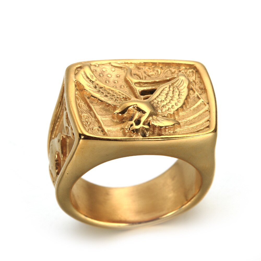 Europeo y americano retro Acero inoxidable soldado americano águila anillo titanio acero anillo para hombres joyería: 8 / Gold