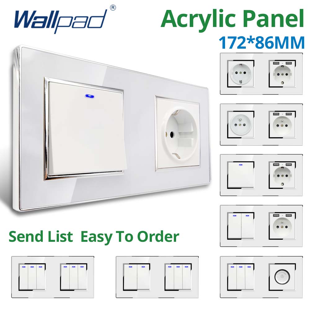 Wallpad White Acrylic Panel Wall Light Switch LED Dimmer USB Charge EU Socket Outlet 4 5 6 7 8 Gang 2 Way Reset 172*86mm