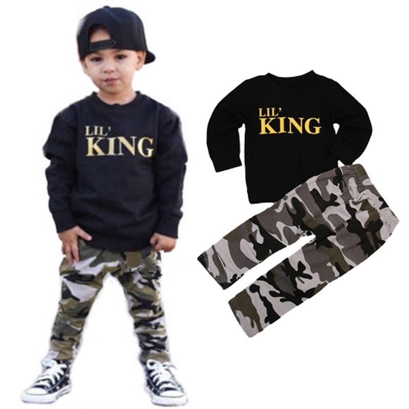 2 stks Peuter Jongen Kleding Kids Baby Jongen Herfst Outfit Lange Mouwen Zwarte Sweater Trui Camouflage Broek Goud Brief Lil koning
