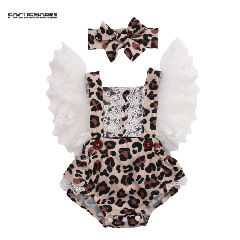 Focusnorm 0-24m nyfødte drenge piger leopard bodysuits hovedbøjle 2 stk blonder flæser ærme print jumpsuits