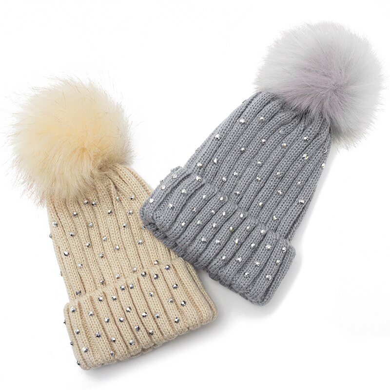 GROUPJUMP-Gorro con pompón de punto para niño, gorros, gorros para niña, gorros con diamantes de imitación, gorro para niño