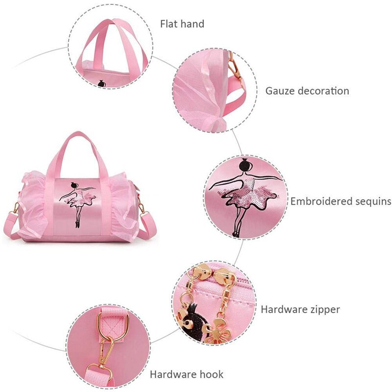 Broderi gymnastiktaske pink kvinder balletdans muleposer stor kapacitet skuldertaske piger latinske dansetasker