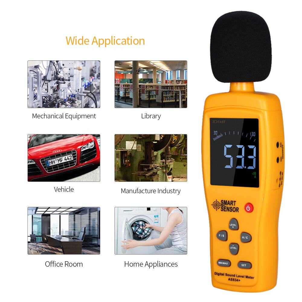 SMART SENSOR AS834+ Digital LCD Sound Level Meter 30-130dB Noise Volume Measuring Instrument Decibel Monitoring Tester
